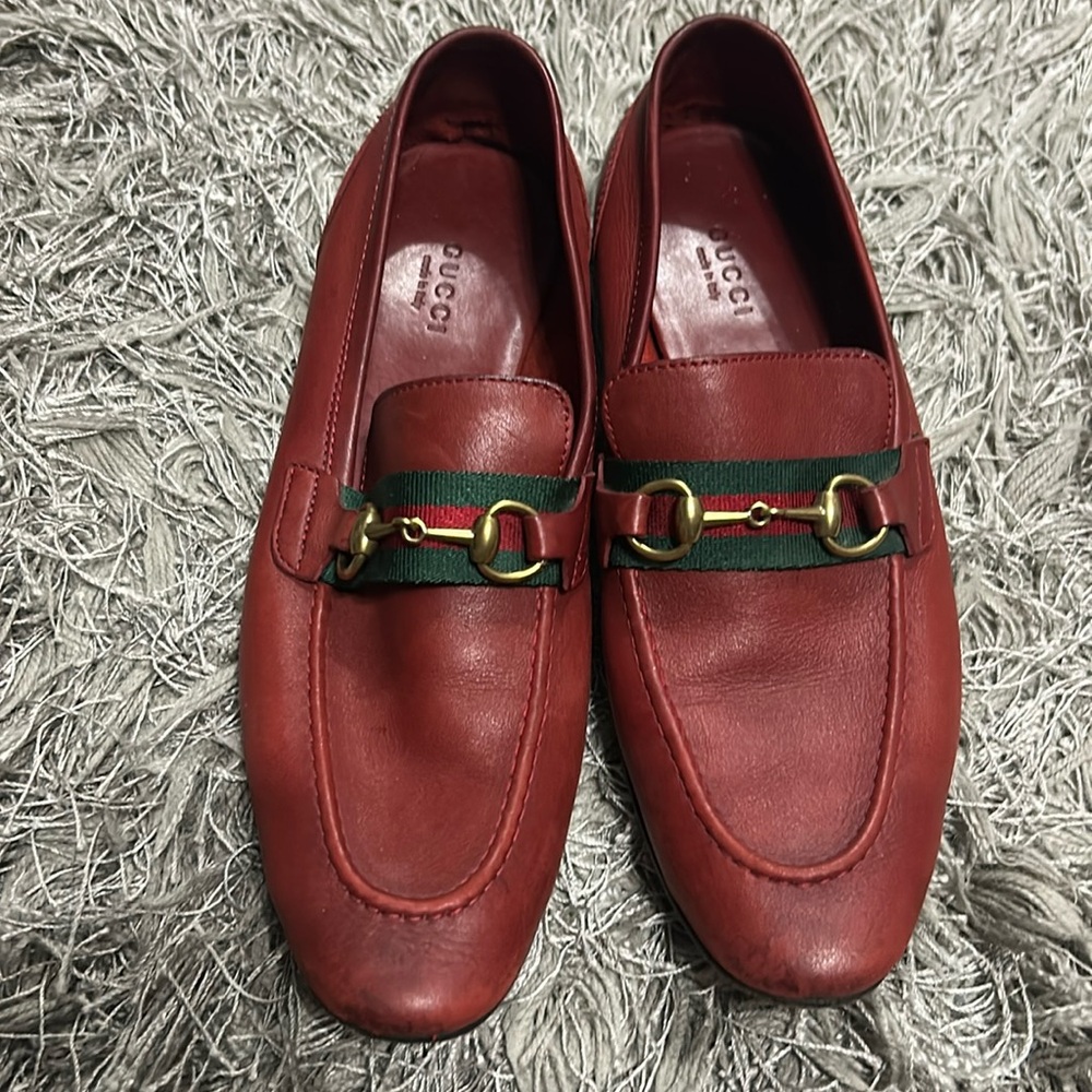 Gucci Red Leather Horsebit Loafers with Green Web